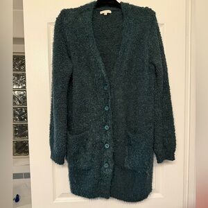 Skies Are Blue Cozy Dark Green Button-Up 3/4 Length Long Cardigan